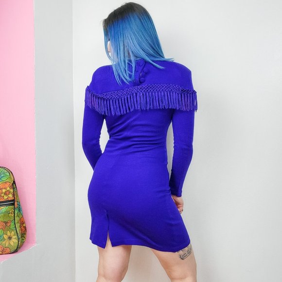 Vintage 80s/90s Indigo Purple Fringe Trim Bodycon Knit Mini Dress - Picture 3 of 7
